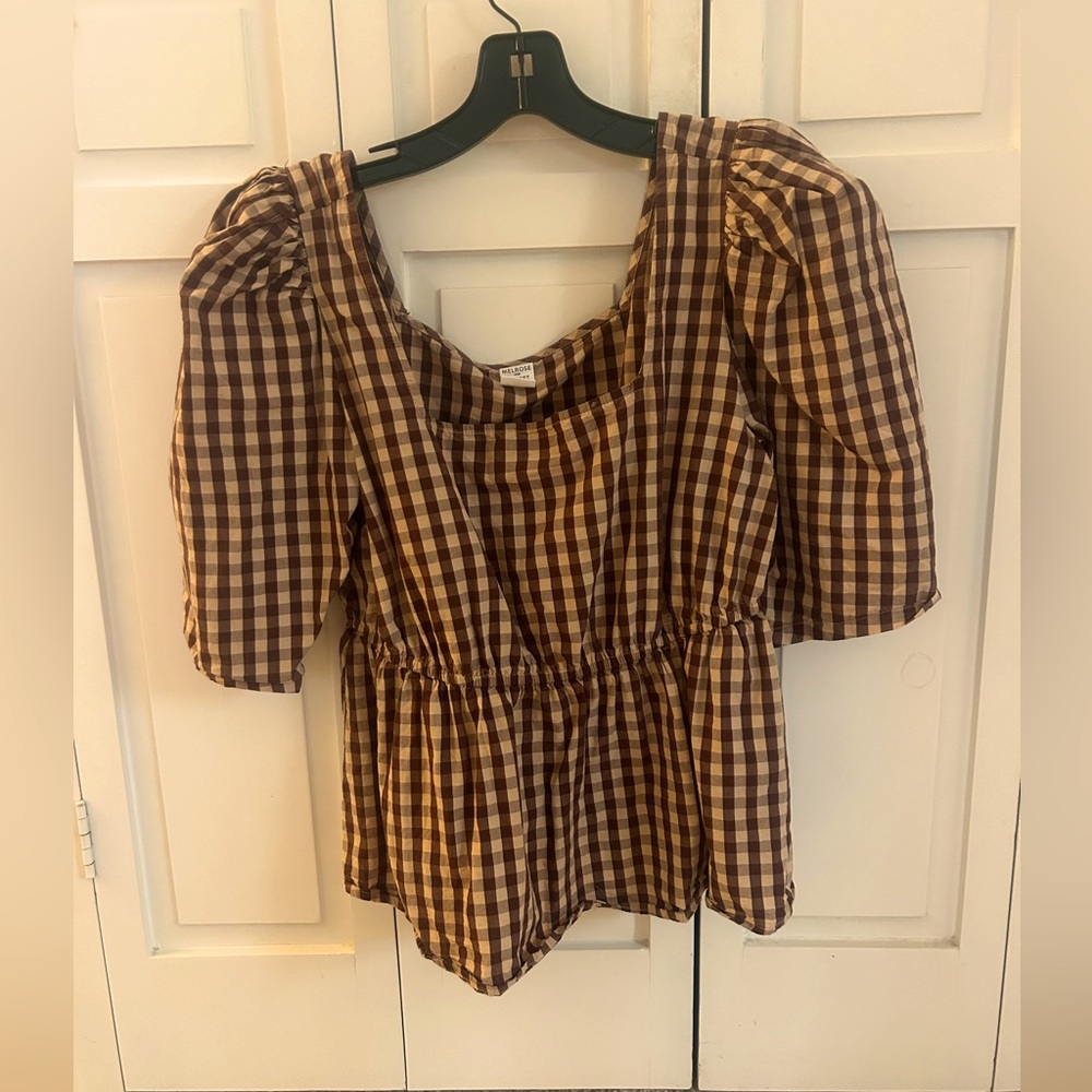 Melrose & Market Brown Gingham Top, Size M, Lightweight and Stylish